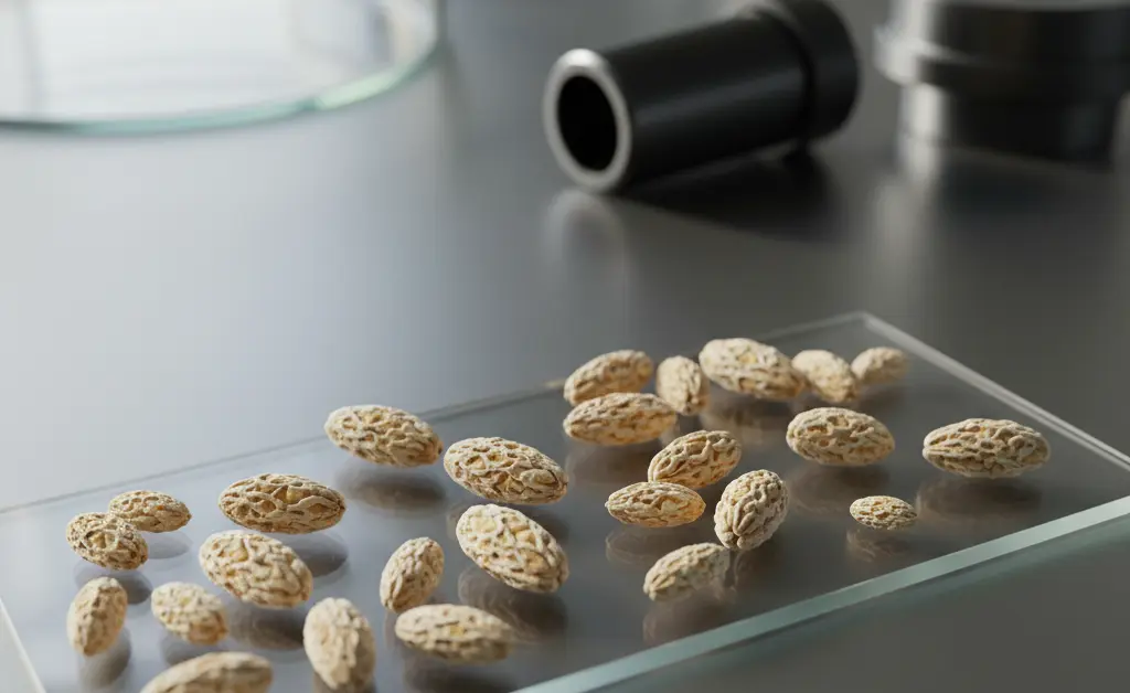 A close-up, macro photograph showcasing the intricate, powdery texture of turkey tail mushroom spores on a clean, natural surface.
