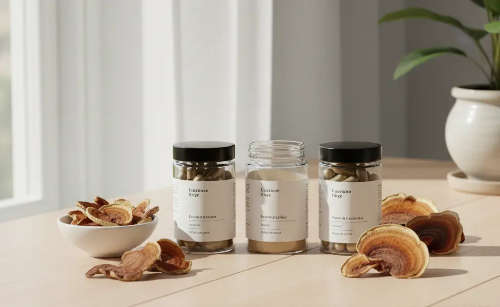 A close-up, photorealistic shot showcasing the natural beauty and vibrant colors of various turkey tail mushroom supplement capsules and raw dried turkey tail mushroom slices, highlighting the potential turkey tail mushroom supplement benefits.