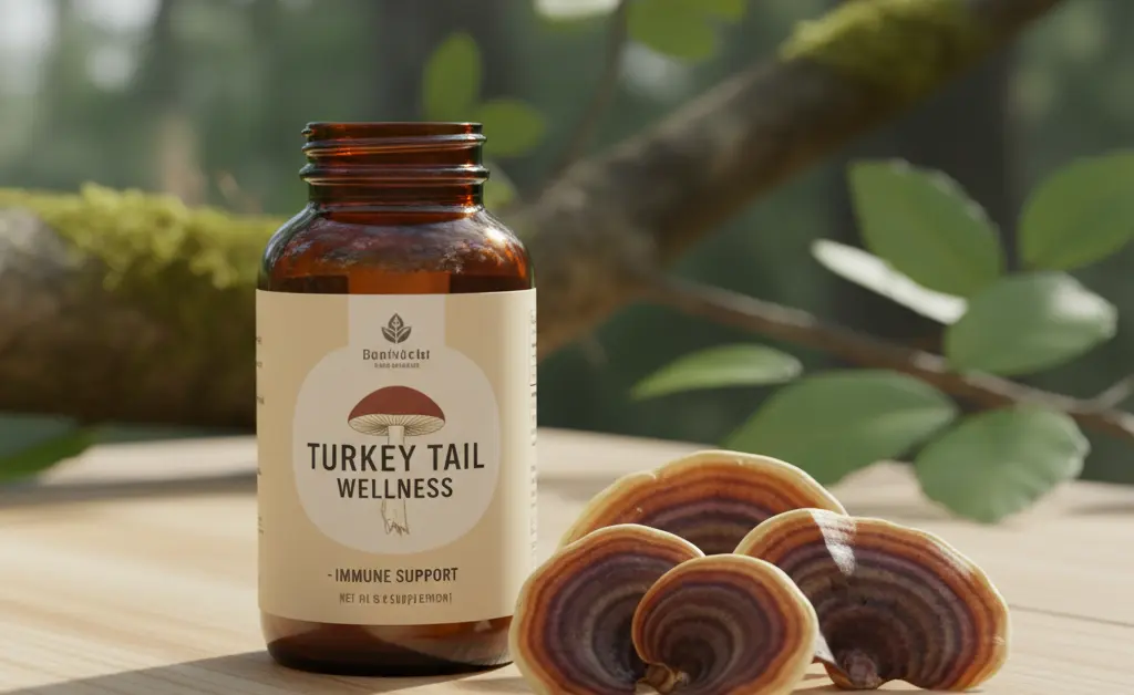 A clean, modern lifestyle photo showcasing a bottle of turkey tail mushroom supplement alongside fresh, vibrant turkey tail mushrooms.