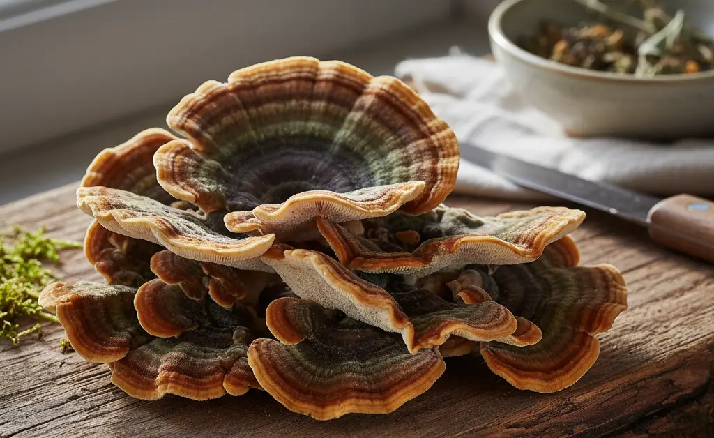 A close-up, high-definition photograph showcasing the earthy tones and distinct layers of a fresh turkey tail mushroom, illustrating its intriguing turkey tail mushroom taste.