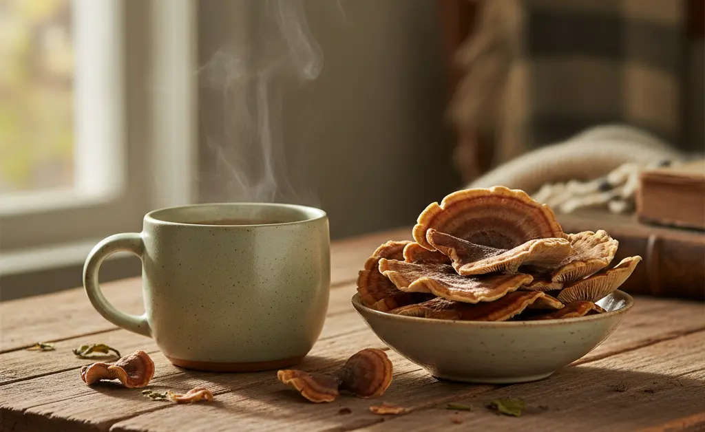 A visually appealing shot showcasing a steaming mug of herbal tea next to a small bowl of dried turkey tail mushroom, highlighting the distinct turkey tail mushroom taste.