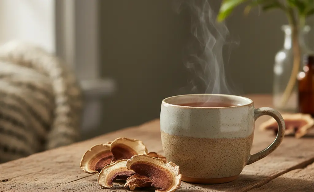 A beautifully prepared mug of turkey tail mushroom tea, perfect for exploring the turkey tail mushroom tea benefits.