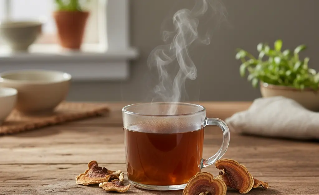A steaming mug of rich, amber turkey tail mushroom tea sits beside dried turkey tail mushrooms, hinting at natural wellness.