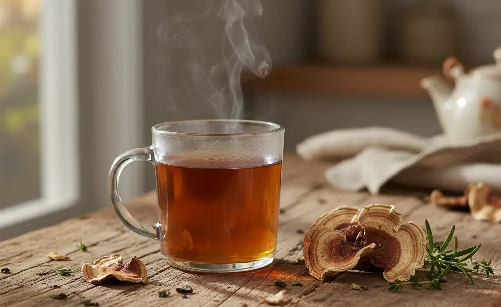 A steaming mug of turkey tail mushroom tea sits beside fresh turkey tail mushrooms, offering a glimpse into a perfect turkey tail mushroom tea recipe.