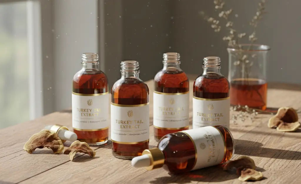 A beautifully arranged collection of turkey tail mushroom tincture bottles on a natural wood surface, highlighting turkey tail mushroom tincture benefits.