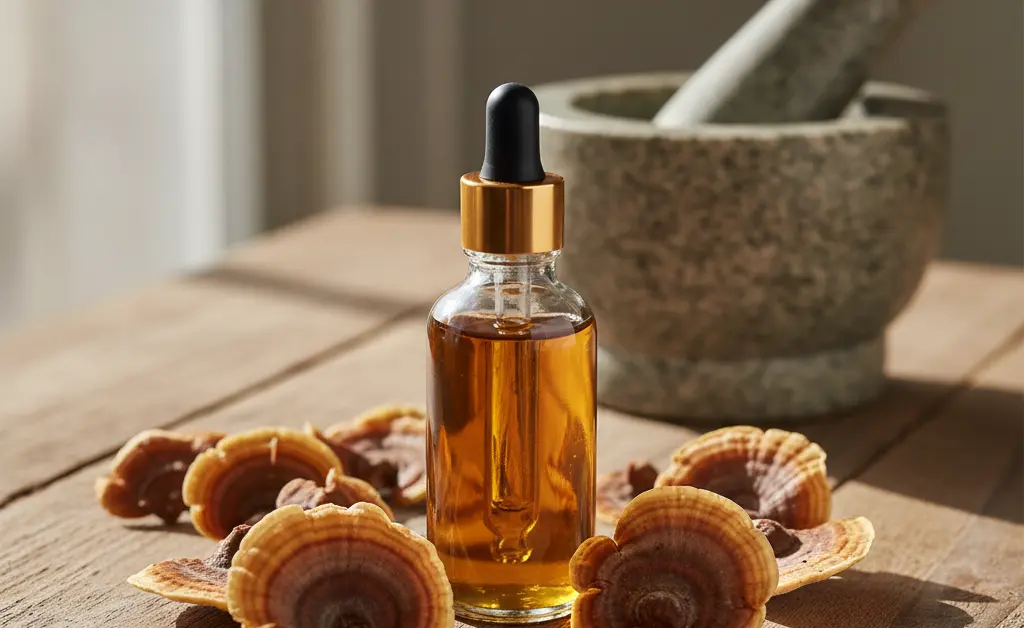 A visually appealing arrangement featuring a glass dropper bottle of turkey tail mushroom tincture alongside fresh turkey tail mushrooms and a mortar and pestle on a rustic wooden surface.