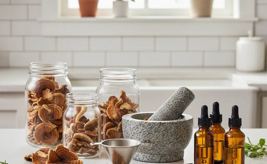 A serene kitchen counter with ingredients and equipment laid out for a turkey tail mushroom tincture recipe.