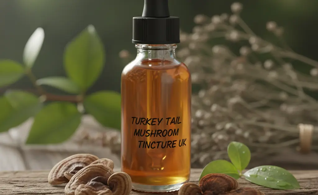 A close-up, editorial-style photograph showcasing a glass dropper bottle filled with a rich amber liquid, clearly labeled as turkey tail mushroom tincture uk, placed on a rustic wooden surface with blurred, natural background elements suggesting wellness.