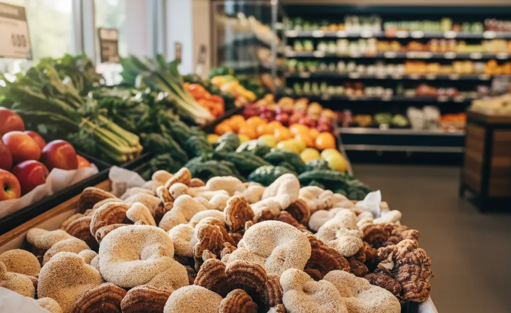 A vibrant display showcasing the availability of turkey tail mushroom trader joe's in a grocery store setting.
