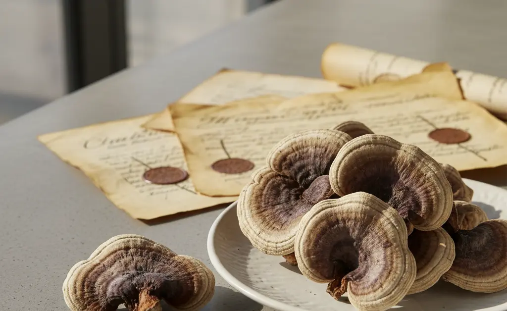An artistic still life composition featuring dried turkey tail mushroom uk ban alongside regulatory documents, symbolizing the complex legal status.