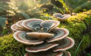 A close-up, photorealistic image showcasing the vibrant colors and intricate patterns of turkey tail mushroom uk benefits, highlighting its natural beauty.