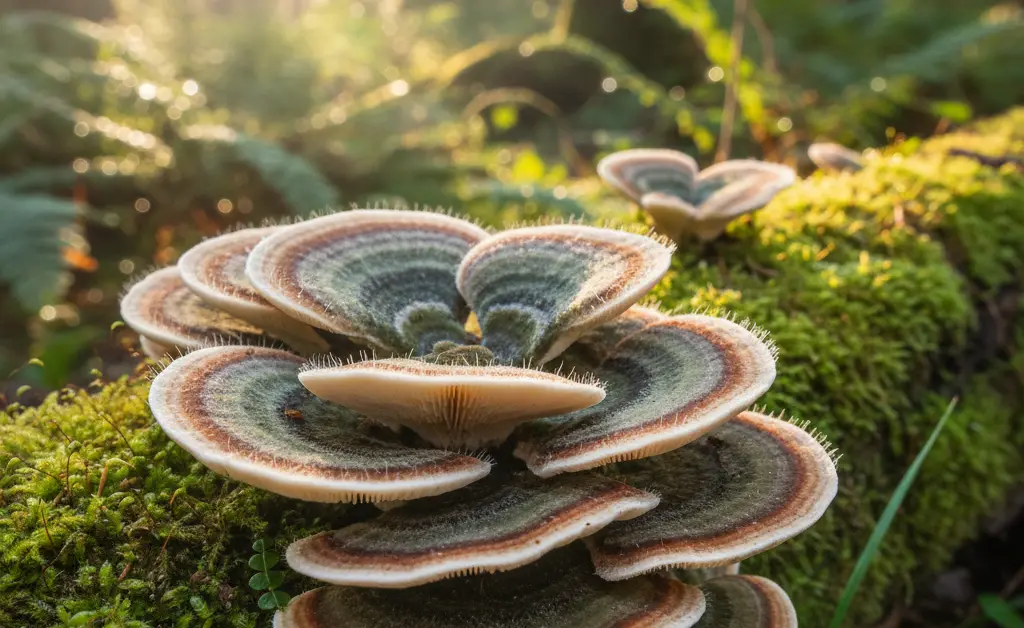 A close-up, photorealistic image showcasing the vibrant colors and intricate patterns of turkey tail mushroom uk benefits, highlighting its natural beauty.