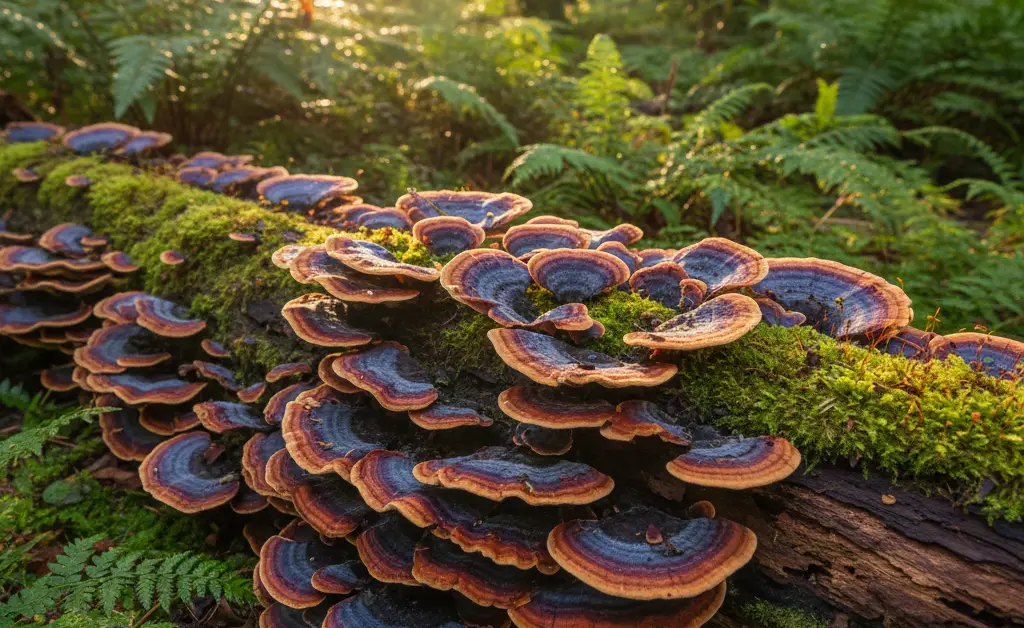 A close-up, vibrant shot showcasing a cluster of turkey tail mushroom uk edible growing on a mossy log in a natural forest setting.