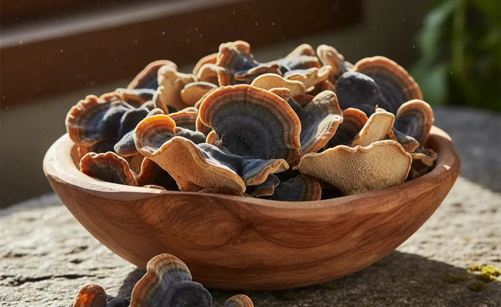 A carefully arranged display of fresh turkey tail mushroom uk in a rustic wooden bowl, set on a natural stone surface, evoking a sense of organic wellness.