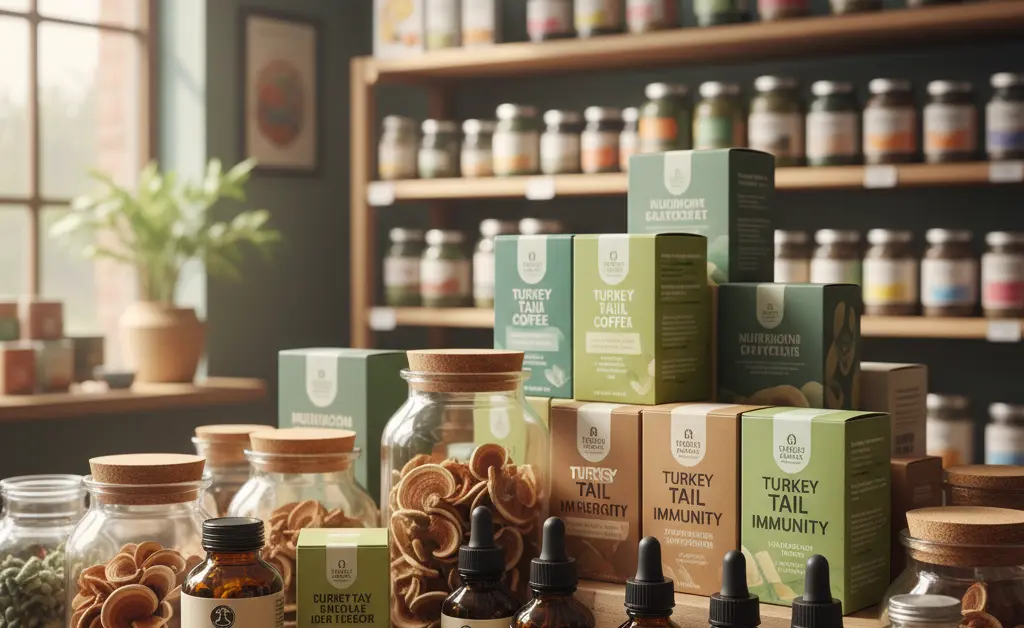 A visually appealing arrangement showcasing the turkey tail mushroom uk holland and barrett products on a clean, well-lit shelf.
