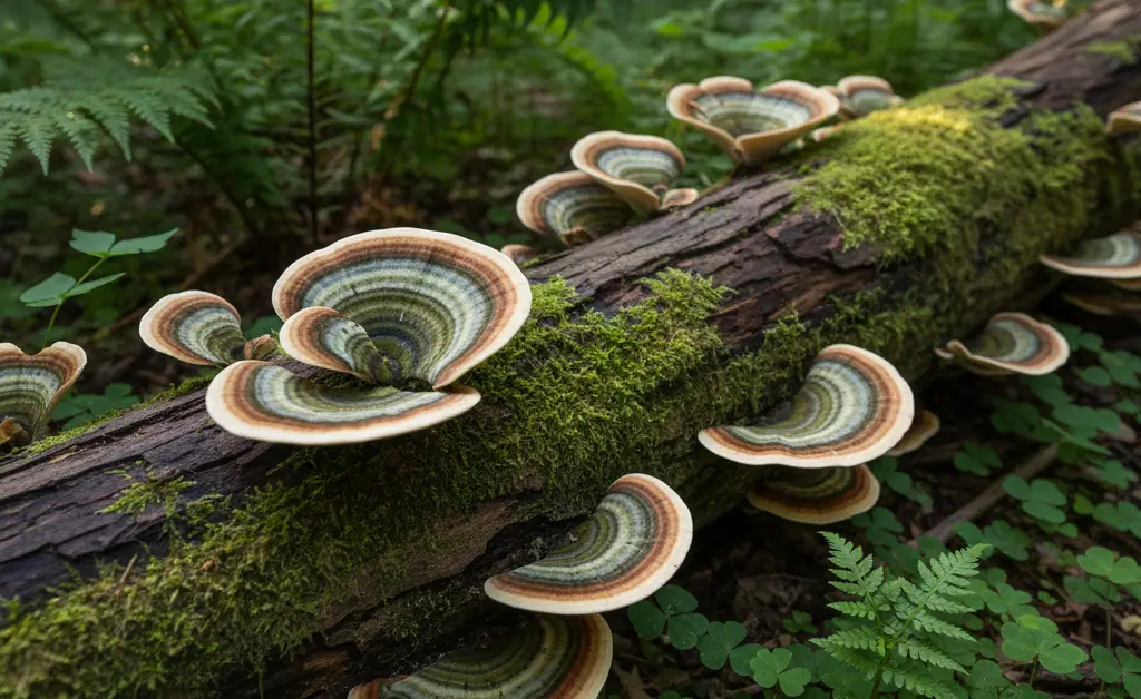 A close-up, photorealistic view of several vibrantly colored turkey tail mushrooms growing on a mossy log, subtly hinting at the complex legal considerations surrounding turkey tail mushroom uk illegal in commercial contexts.