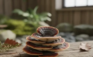 A carefully arranged selection of vibrant turkey tail mushroom uk legal, presented with a backdrop suggesting natural and organic sourcing.