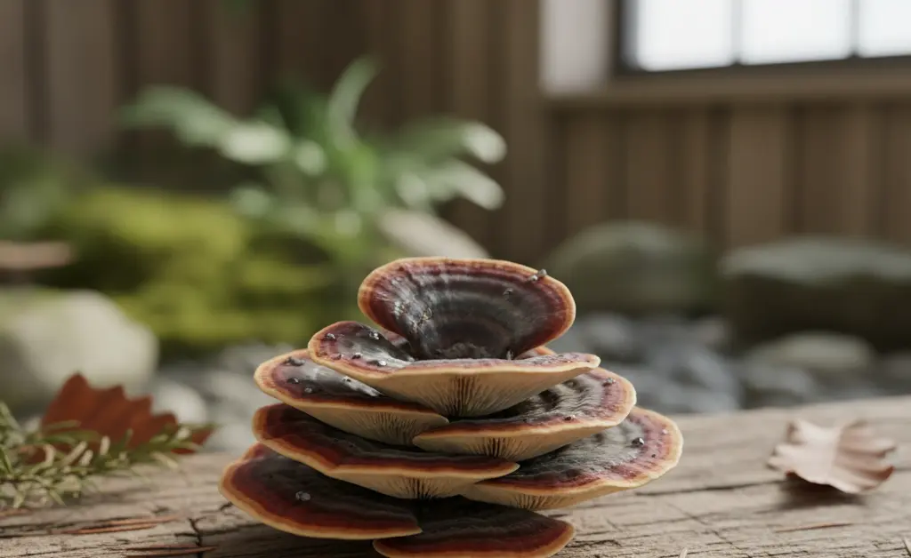 A carefully arranged selection of vibrant turkey tail mushroom uk legal, presented with a backdrop suggesting natural and organic sourcing.