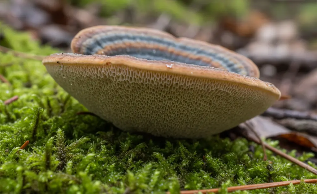 A close-up, photorealistic view reveals the distinct pores on the turkey tail mushroom underside, essential for identification.