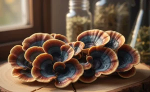 A vibrant display showcasing the visually striking turkey tail mushroom uses, highlighting their intricate colorful patterns.