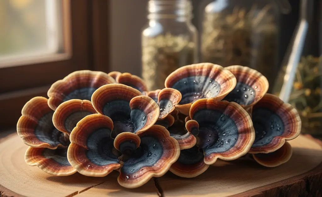 A vibrant display showcasing the visually striking turkey tail mushroom uses, highlighting their intricate colorful patterns.