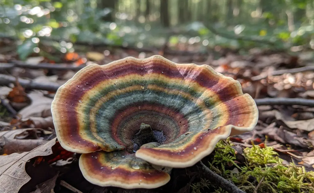 A close-up, softly lit shot showcasing the intricate, fan-like layers of a turkey tail mushroom, implying its relevance to turkey tail mushroom veterinary applications.