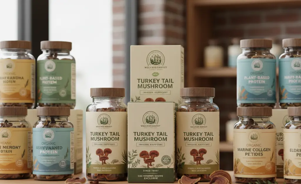 A close-up, editorial shot showcasing a variety of turkey tail mushroom vitamin shoppe products neatly arranged on a clean, modern shelf.