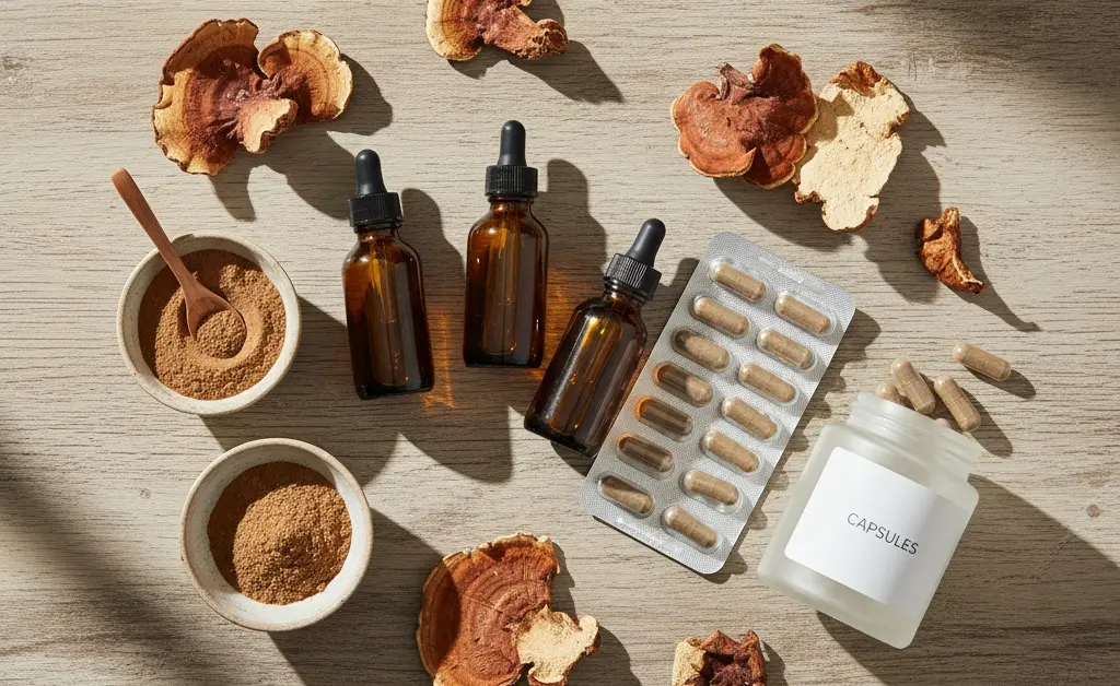 A visually appealing flat lay showcasing various forms of turkey tail mushroom vitamins, including capsules, powders, and tinctures, arranged artistically on a rustic wooden surface with soft natural light.
