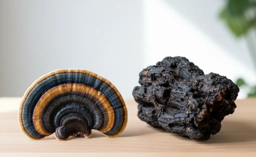 A visually balanced composition comparing the distinct textures and colors of turkey tail mushroom vs chaga against a neutral, soft background.