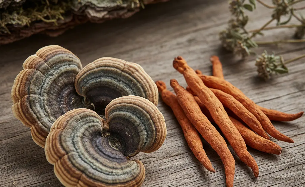 An artistic, high-angle shot showcasing a clear side-by-side comparison of turkey tail mushroom vs cordyceps on a rustic wooden surface.