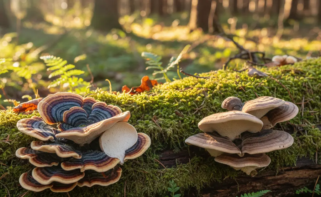 A side-by-side comparison highlighting the subtle visual distinctions in the identification of turkey tail mushroom vs false turkey tail species in a natural forest setting.