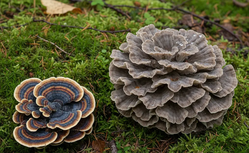 A visually striking comparison showing the distinct textures and colors of turkey tail mushroom vs hen of the woods in a natural forest setting.