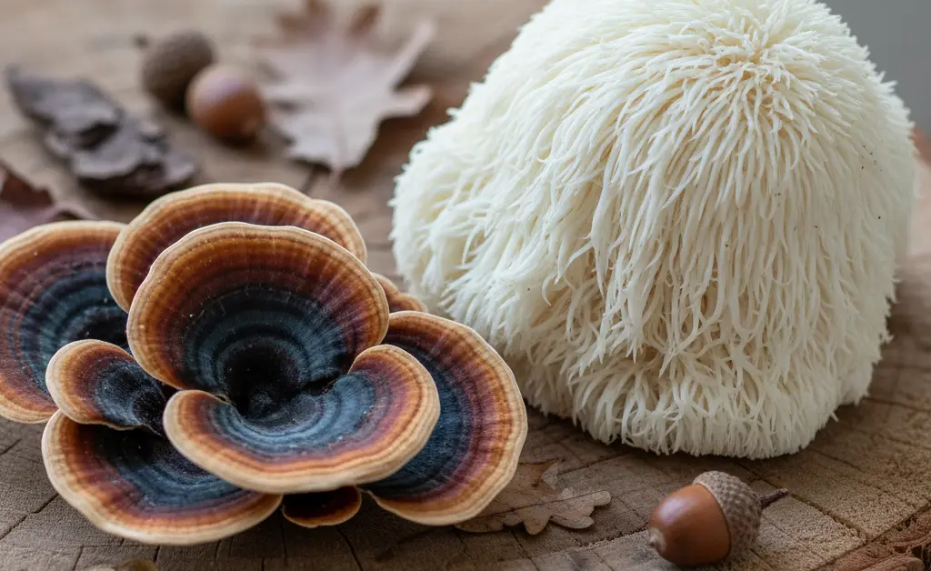 A visually striking, high-angle photograph showcasing the distinct textures and colors of turkey tail mushroom vs lion's mane arranged side-by-side on a natural wooden surface.