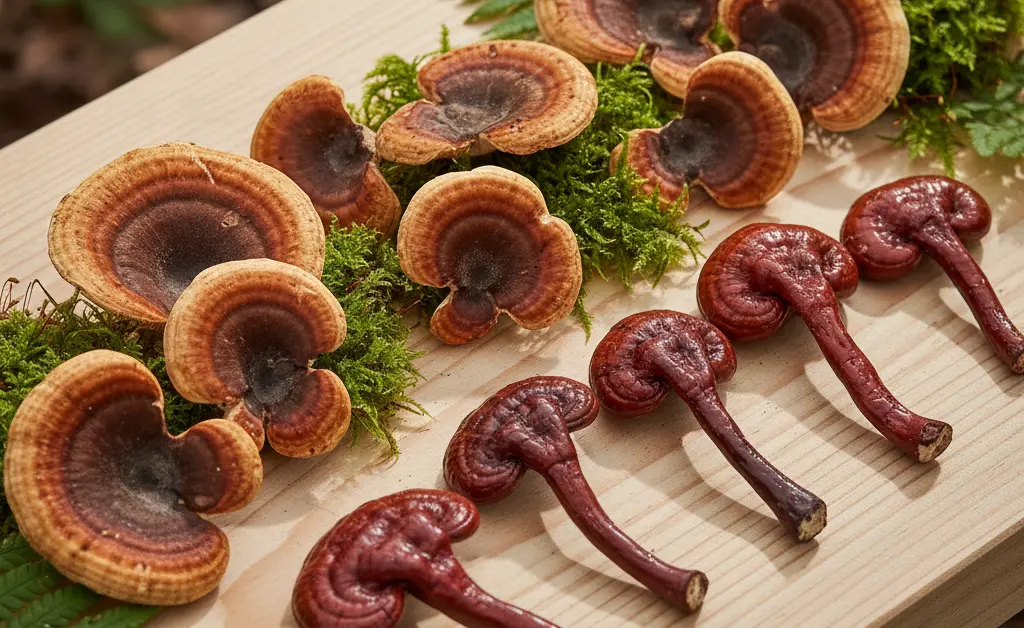 A visually appealing and balanced arrangement showcasing the distinct textures and colors of turkey tail mushroom vs reishi for a wellness guide.