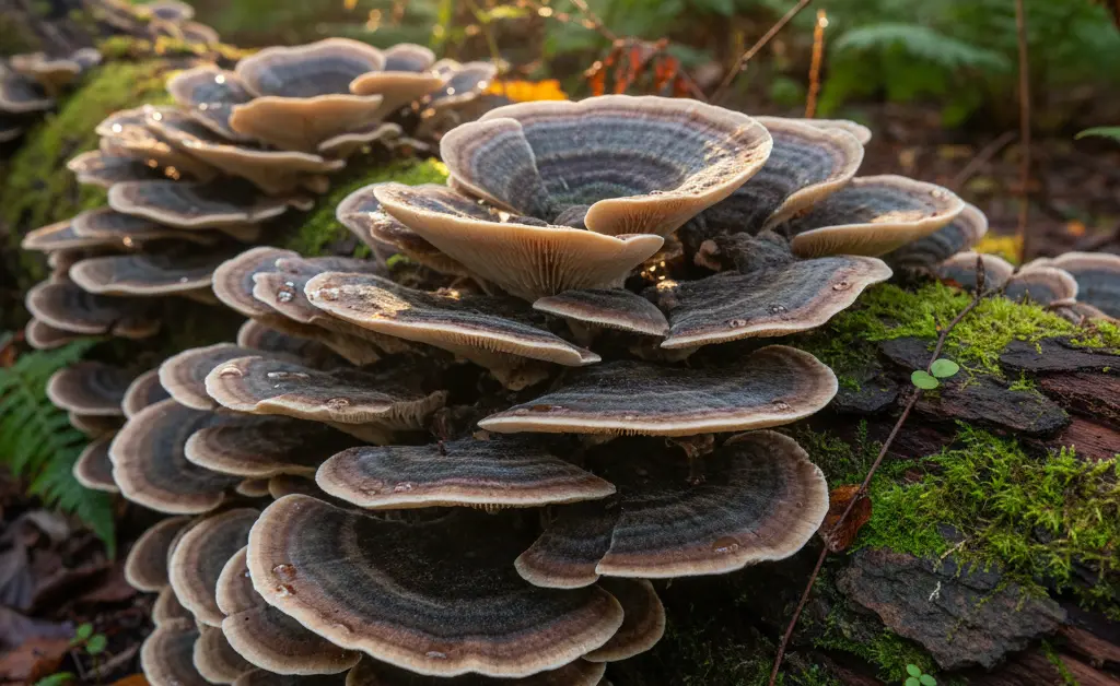A close-up, photorealistic image showcasing a cluster of vibrant turkey tail mushroom when to harvest on a mossy fallen log, bathed in soft, dappled sunlight.