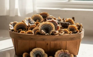 A visually appealing arrangement of fresh turkey tail mushroom whole foods in a rustic basket, showcasing its natural beauty and potential for healthy consumption.
