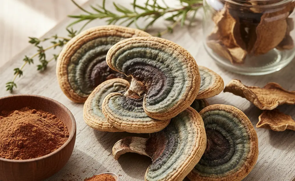 A beautifully arranged selection of turkey tail mushroom whole foods artfully displayed for a health-conscious shopper.
