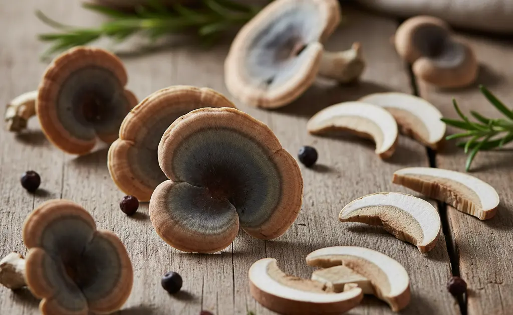 A vibrant display of fresh turkey tail mushroom whole foods neatly arranged in a natural light setting.