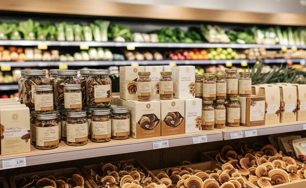 A visually appealing display of turkey tail mushroom whole foods in a grocery store setting.