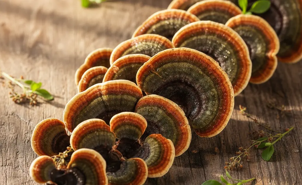 A close-up, top-down view of fresh turkey tail mushroom whole foods arranged artfully on a rustic wooden surface, with natural morning light gently illuminating the vibrant, earthy tones of the mushrooms.