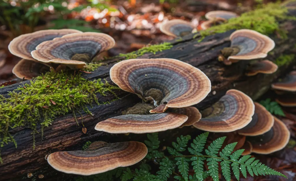 A detailed, close-up photograph illustrating what is turkey tail mushroom, showcasing its vibrant, concentric color rings and velvety texture against a natural forest floor.