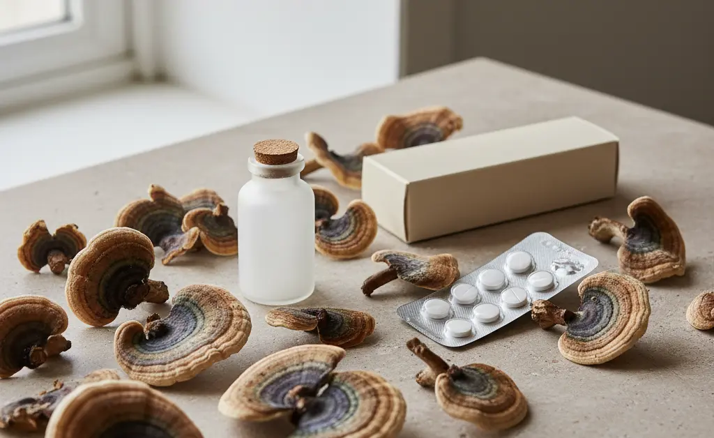 A visually appealing flat lay showcasing turkey tail mushrooms and a few common medications, illustrating the importance of knowing what medications should not be taken with turkey tails.