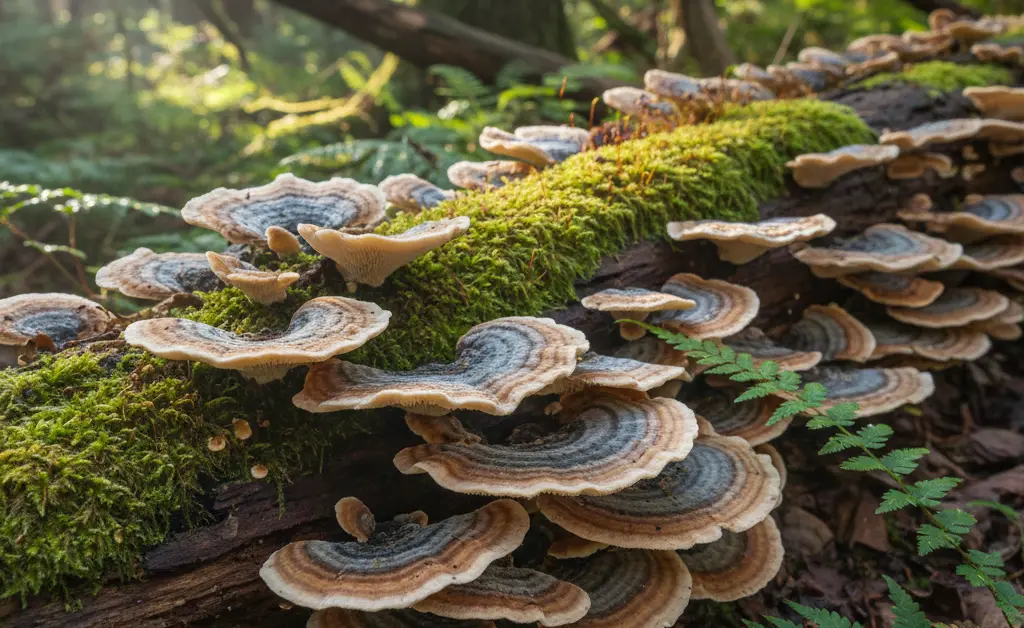 A vibrant cluster of turkey tail mushrooms displaying their characteristic colorful bands on a decaying log, illustrating where does turkey tail mushroom grow.