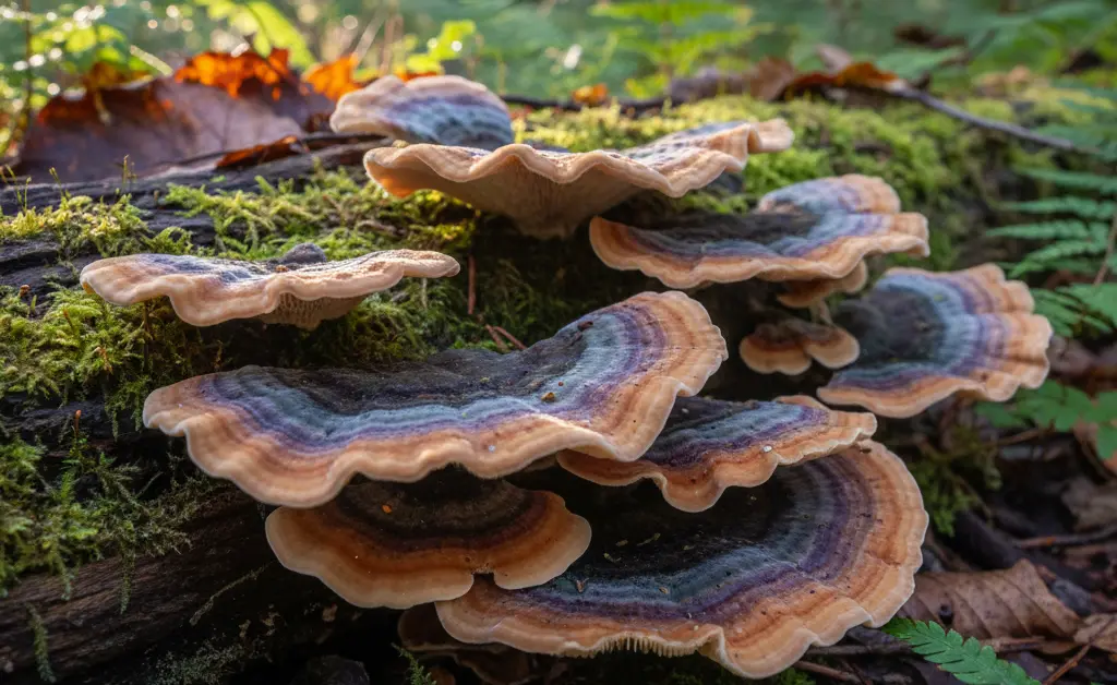 A cluster of vibrant Turkey Tail mushrooms on a fallen log, illustrating where does turkey tail mushroom grow in a natural woodland setting.