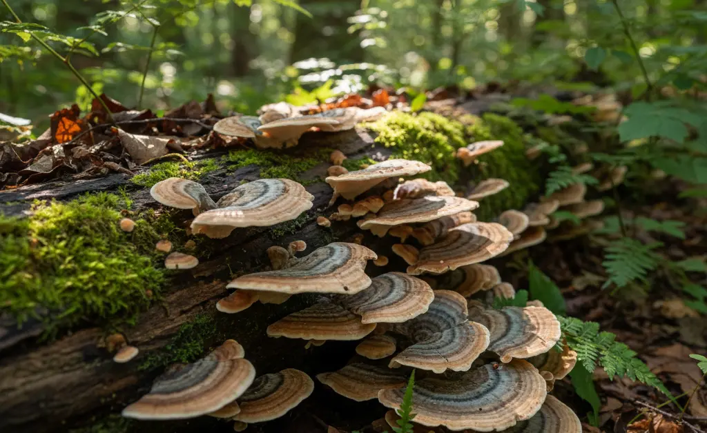 Discovering the vibrant hues of where does turkey tail mushroom grow on a mossy, fallen log in a dappled forest.
