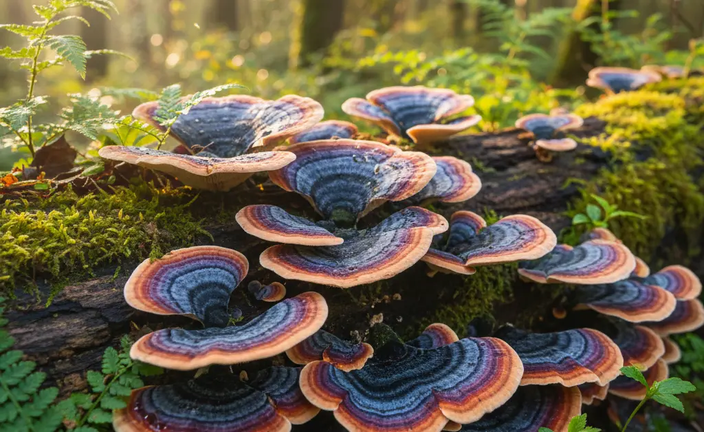 A visually appealing photograph illustrating where to find turkey tail mushroom in its natural woodland habitat.