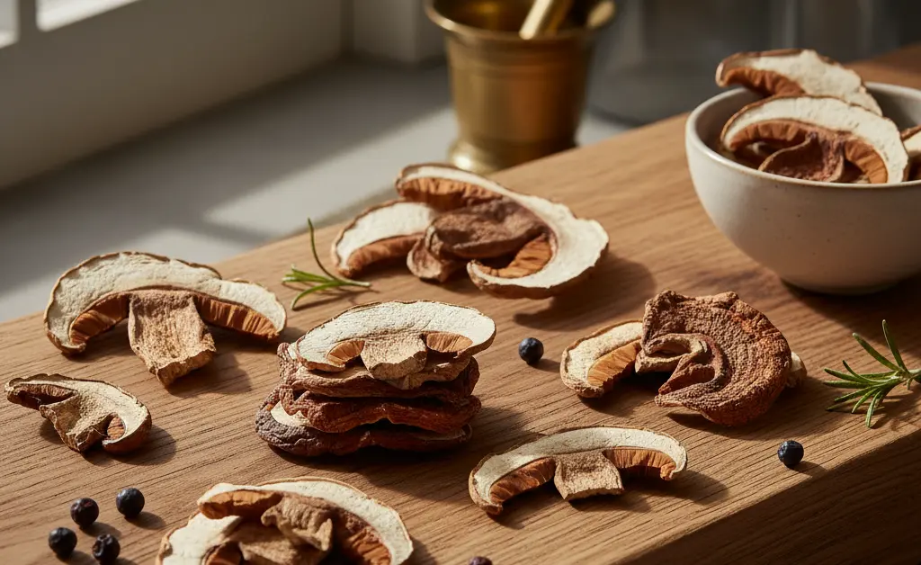 A thoughtfully arranged display of dried turkey tail mushroom slices, symbolizing the complex reasons why is turkey tail mushroom banned from general sale in some regions, presented with an educational and informational tone.
