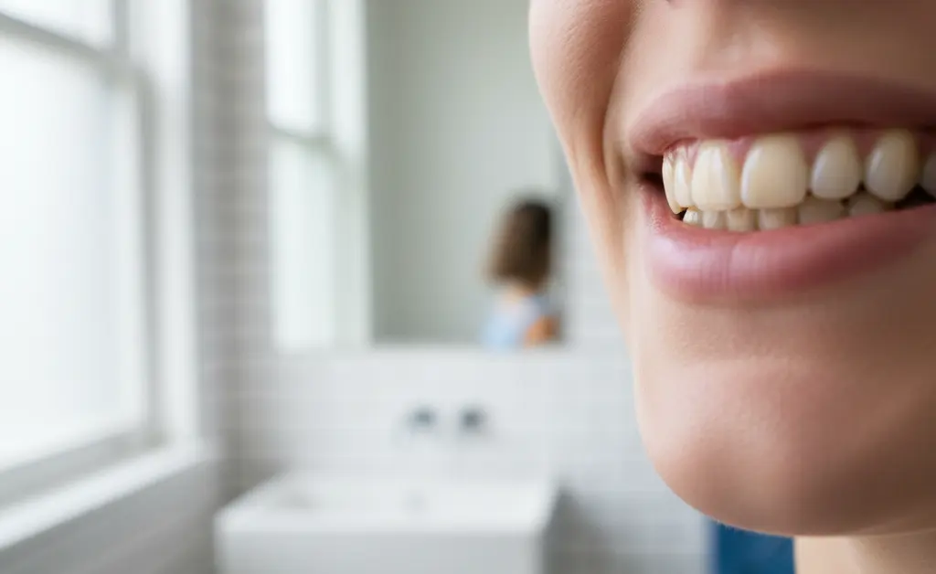 A close-up, photorealistic image of a person's mouth subtly showcasing yellow teeth, implying common discoloration.
