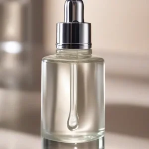 A close-up of a clear serum bottle with a dropper, showcasing a glistening, viscous liquid that hints at hydrating properties.