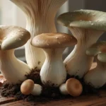 A cluster of thick, white stems topped with broad, firm caps rests on a dark, rustic wooden surface.